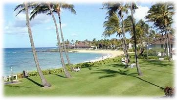 View south along Poipu Beach toward the Sheraton, seen from Kiahuna 22's lanai