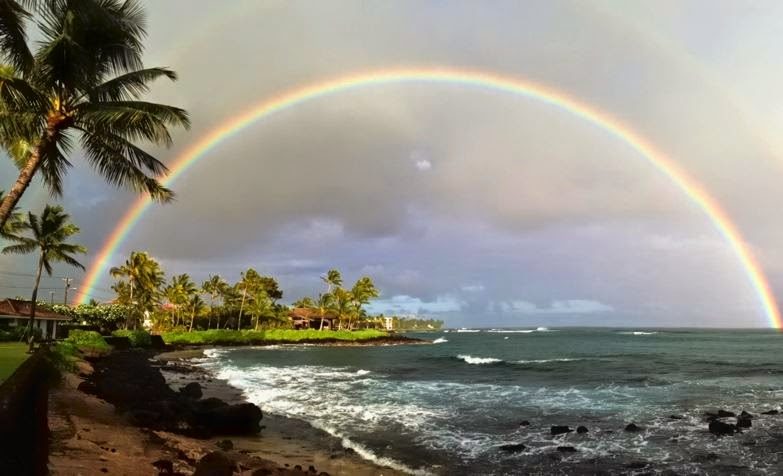 Double rainbow over Poipu after a passing shower, a common sight from Kiahuna Plantation